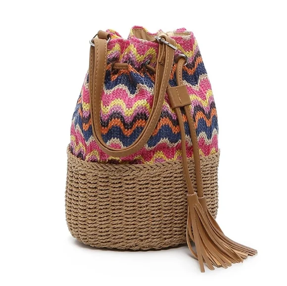 💘CROWN VINTAGE💞 Chevron Print Woven Straw Raffia Bucket Bag💙 Purse boho - Picture 5 of 11